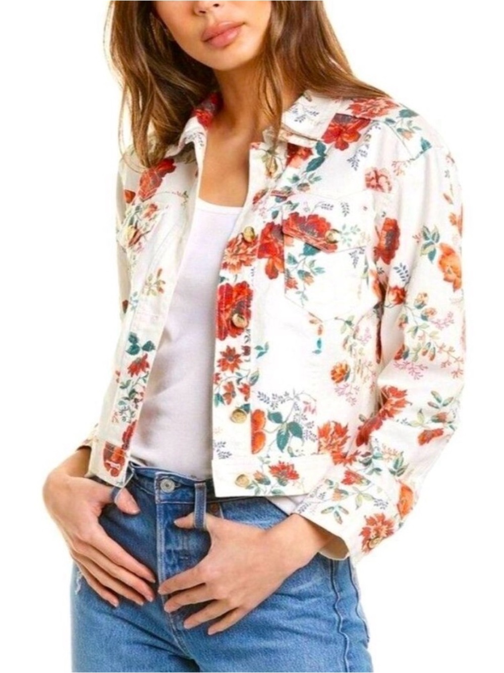 Maje Viflor Floral Denim Jacket White Red Print Stretch Cotton FR 36 Small